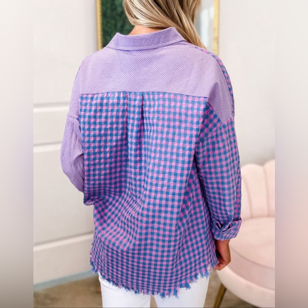 Lightweight Purple & Pink Checkered Plaid Button Down Top, Frayed Hem - Picture 7 of 15